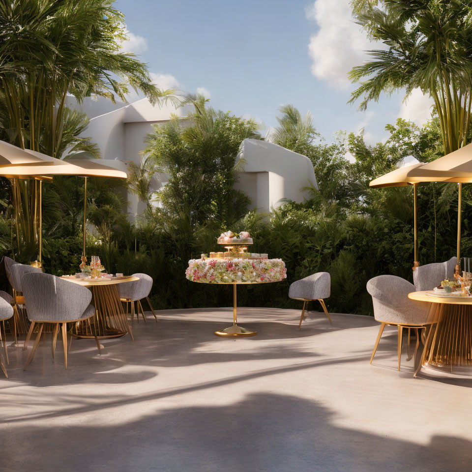 Stylish Outdoor Lounge Area with Chairs, Tables, Parasols, Greenery, and Pastries