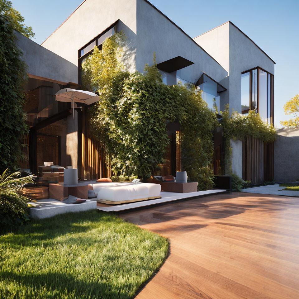 Contemporary House Exterior with Greenery, Wooden Deck, Outdoor Seating, and Large Windows