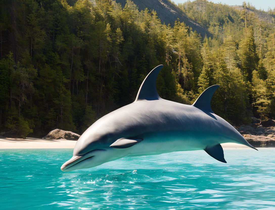 Digitally altered image: Dolphin over scenic blue water, beach, forest hill