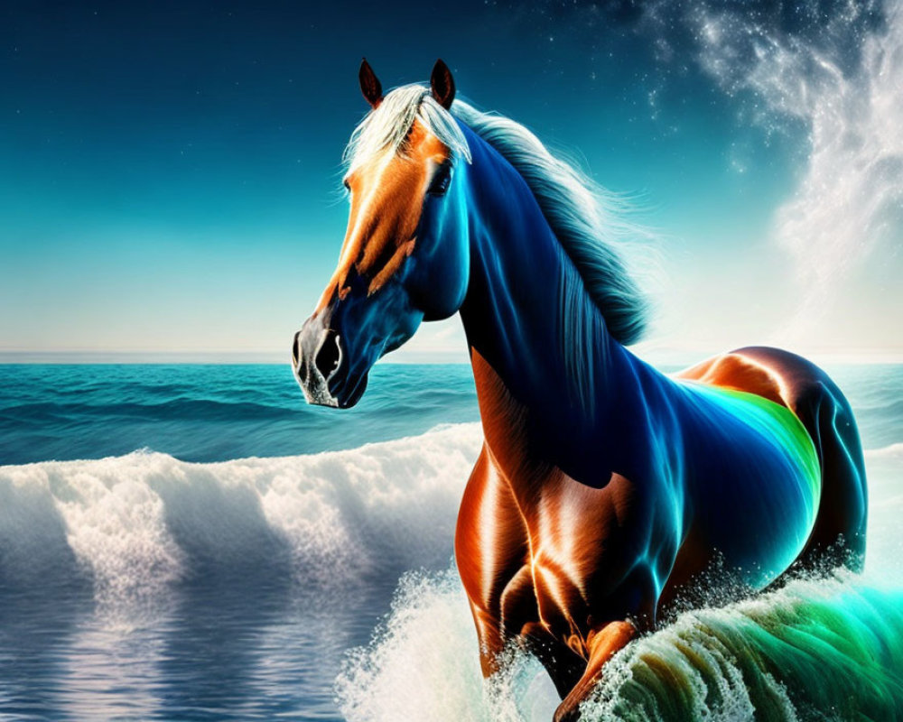 Majestic brown horse blending with ocean waves and vibrant sky