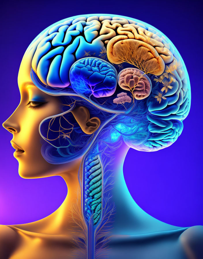 Detailed illustration of woman's profile with transparent head revealing colorful brain and floral elements.