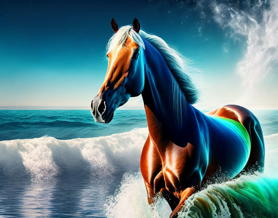 Majestic brown horse blending with ocean waves and vibrant sky