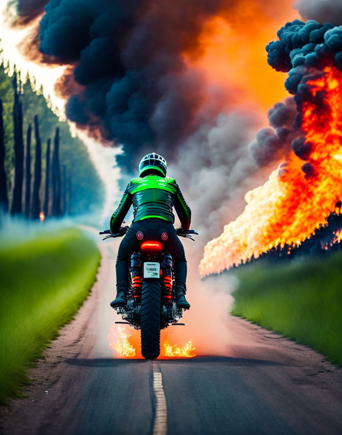 Motorcyclist escapes massive wildfire on narrow road