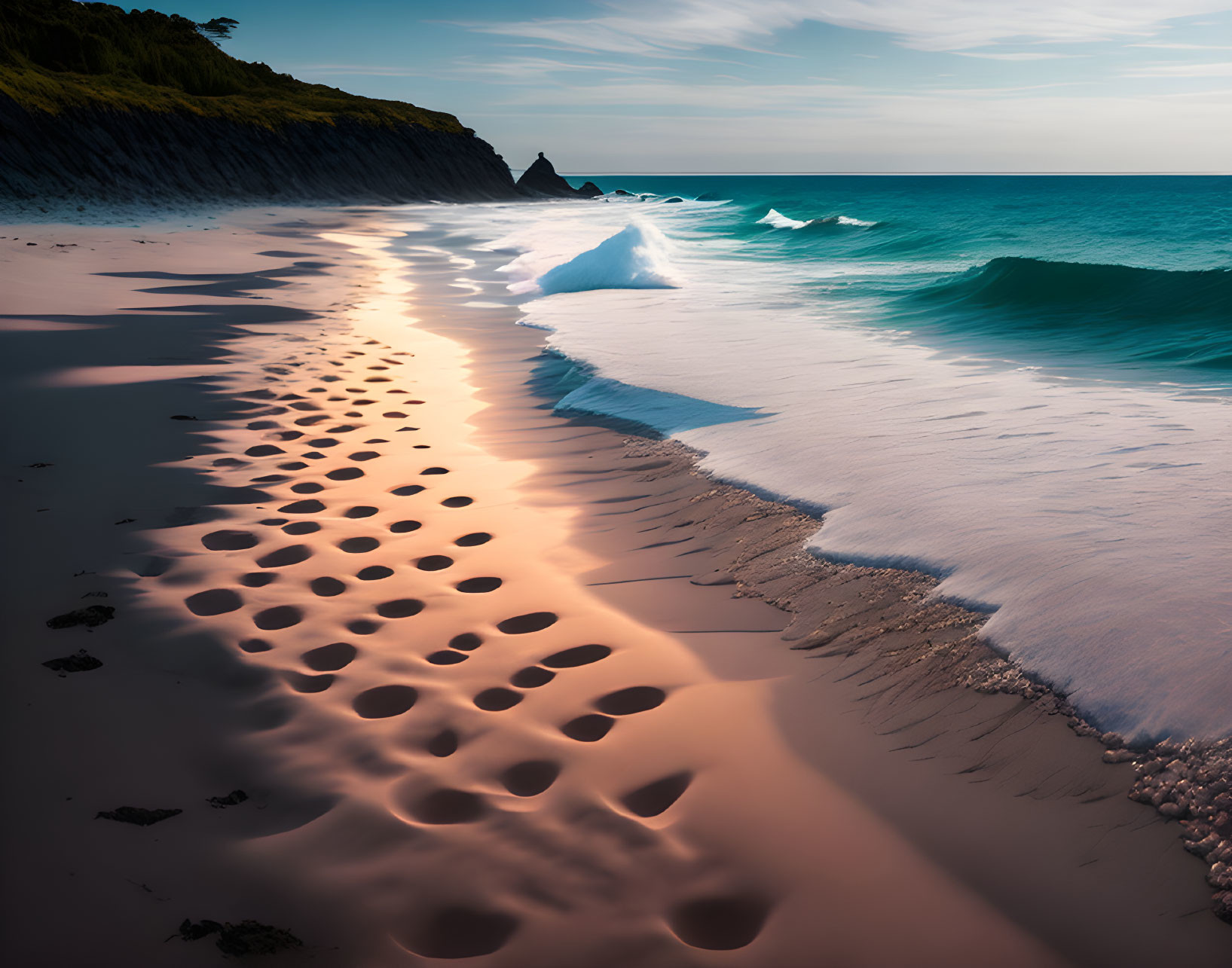 Tranquil beach scene with footprints, waves, cliffs, and serene sky