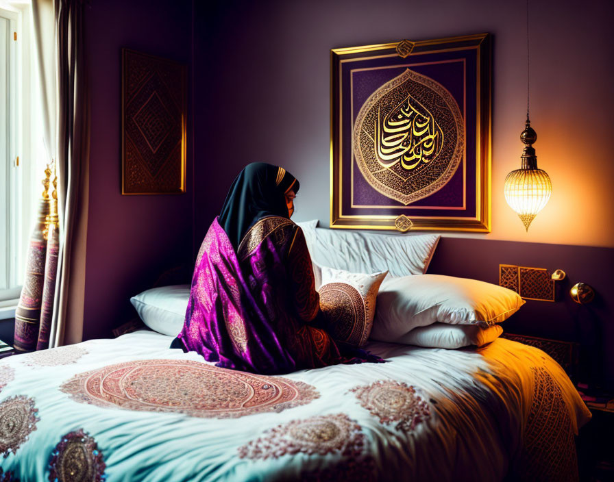 Woman in hijab sitting on bed with patterned textiles in warm-lit room