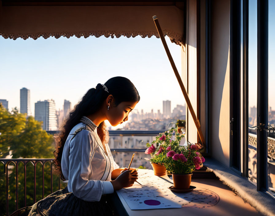 Woman sketching by window at sunset with city view and warm light.