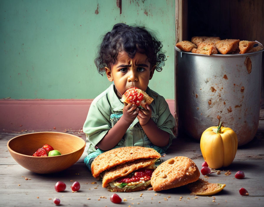 Curly-Haired Toddler Eating Sandwich with Fruits on Wooden Table