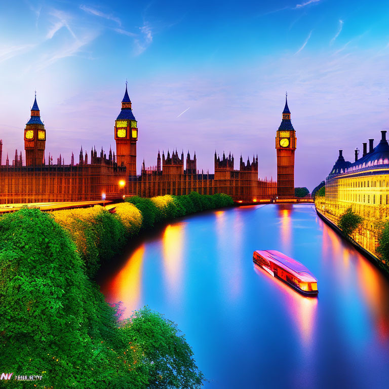 Illuminated Big Ben and Houses of Parliament at night by the Thames