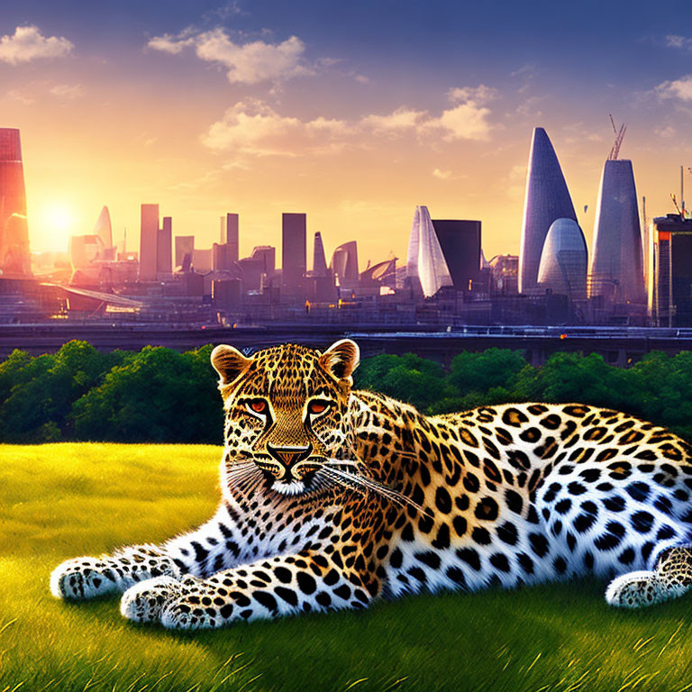 Leopard resting in grassy field at sunrise with city skyline in background