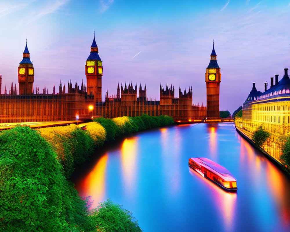 Illuminated Big Ben and Houses of Parliament at night by the Thames