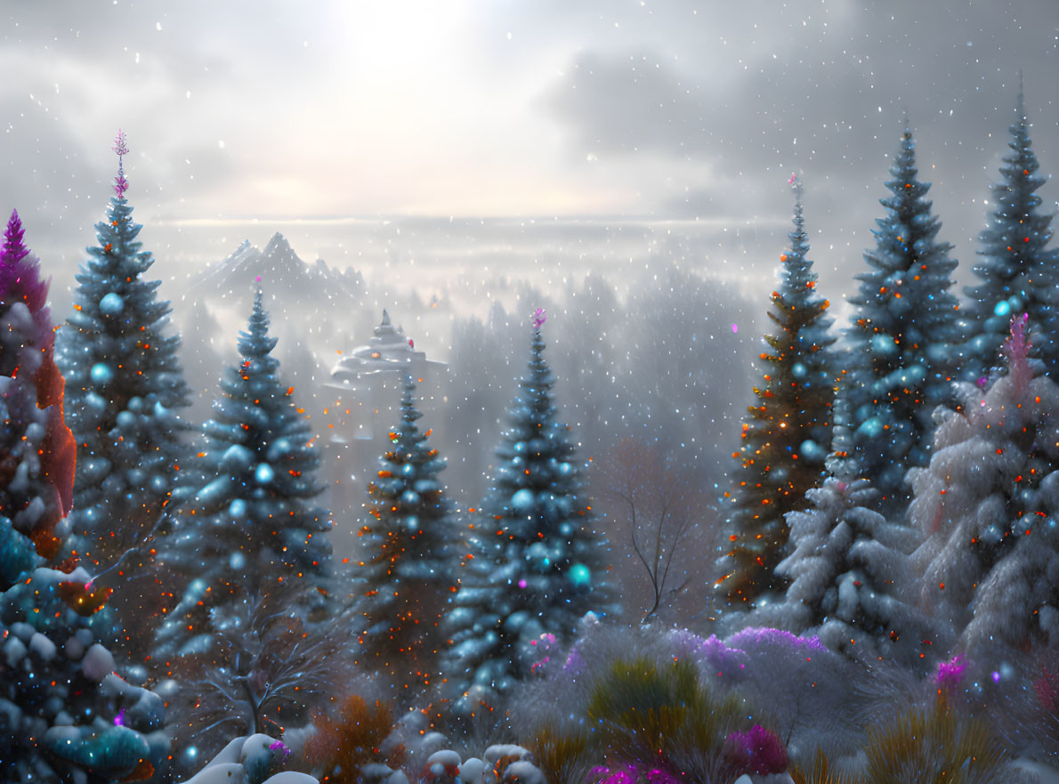 Snow-covered evergreen trees with colorful lights in serene winter landscape