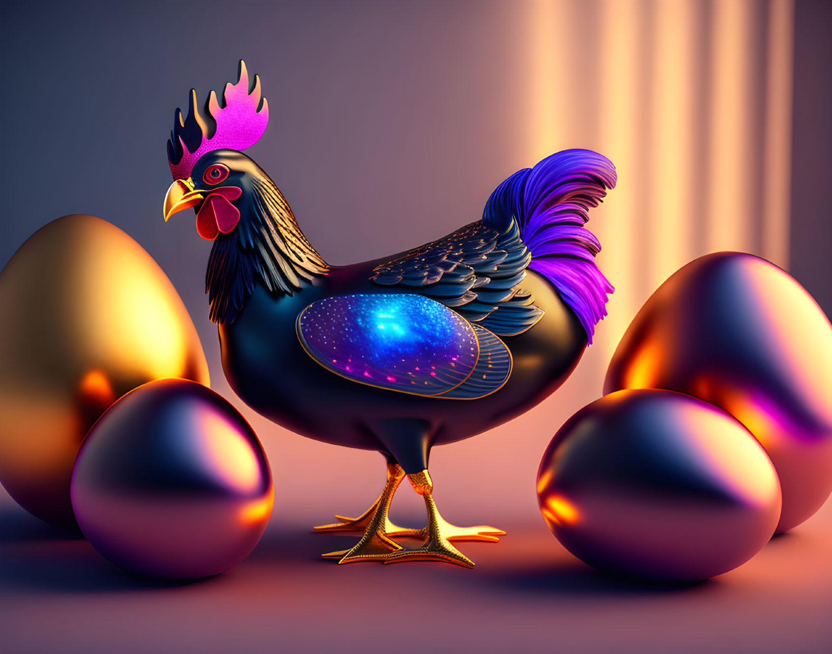 Vibrant blue rooster with golden feet among metallic eggs under soft lighting