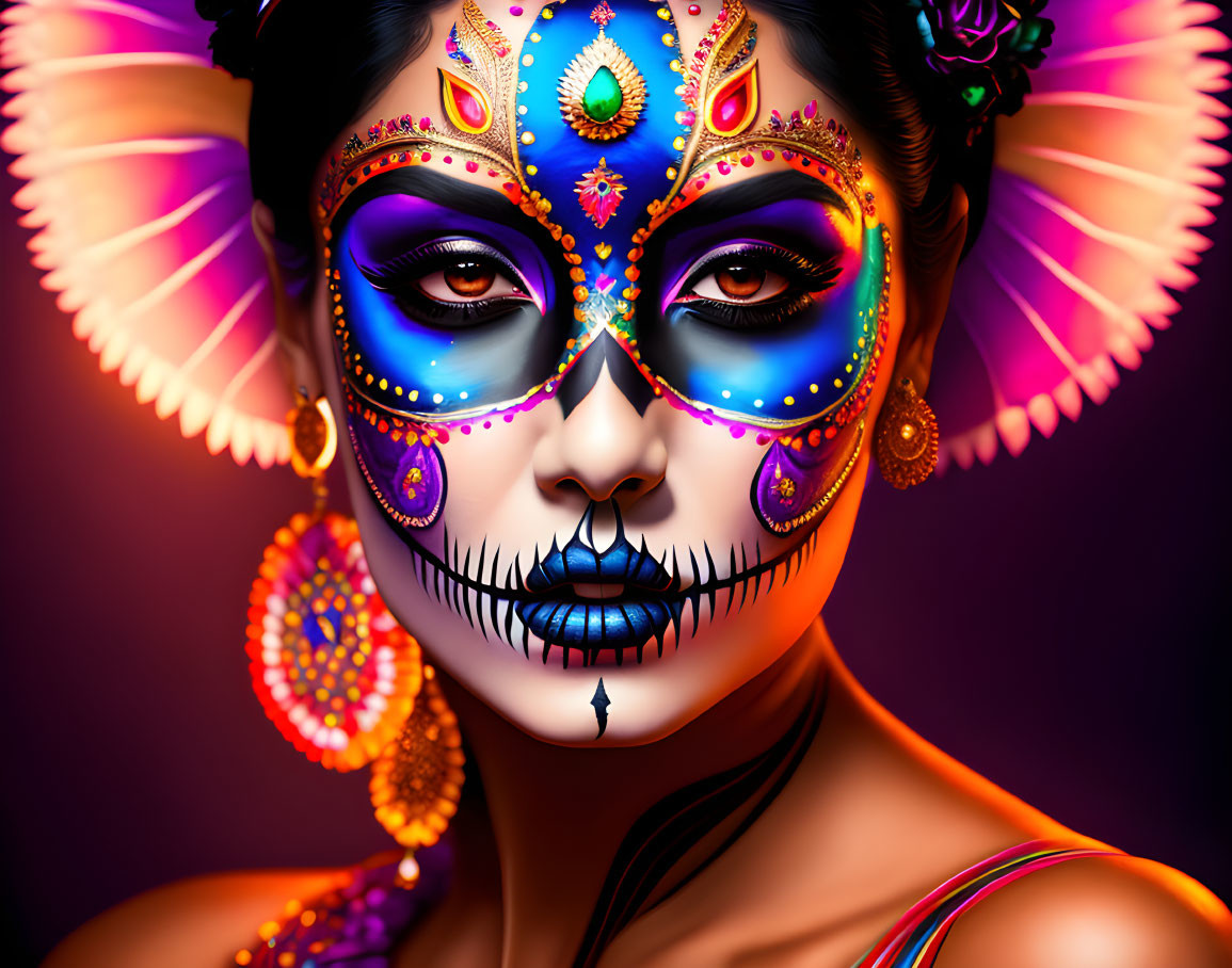 Vibrant Dia de los Muertos skull face paint illustration