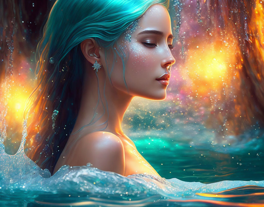 Digital artwork: Woman with aqua hair in water, glowing skin, mystical aura