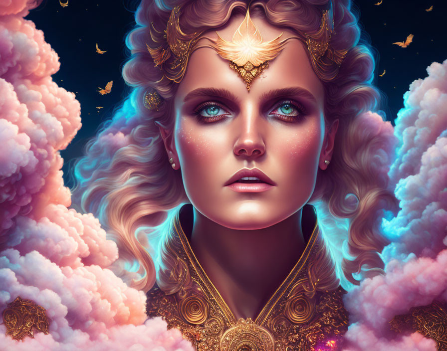 Fantastical portrait of woman with gold adornments in pink clouds, butterflies, cosmic backdrop