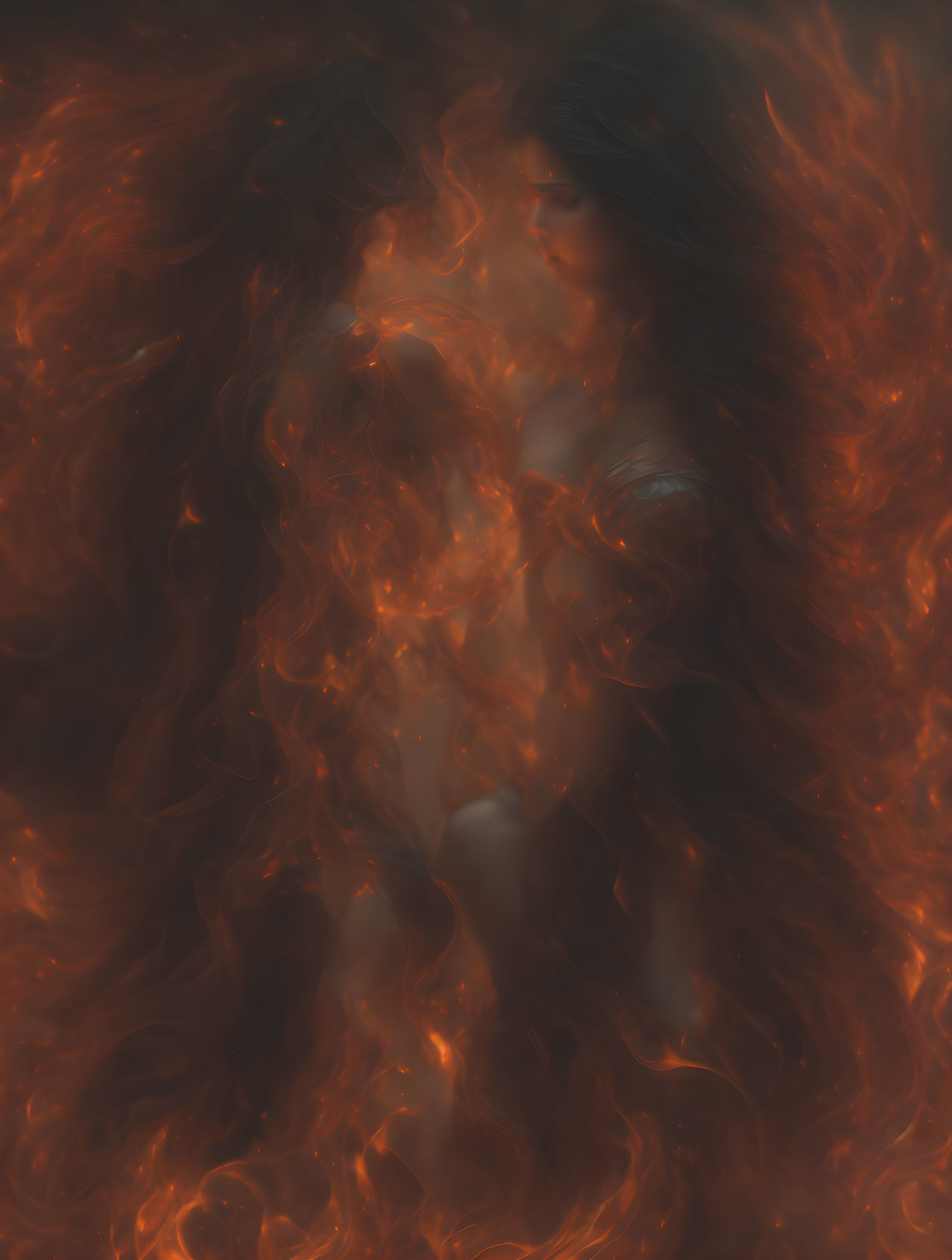 Ethereal woman engulfed in swirling red and orange flames