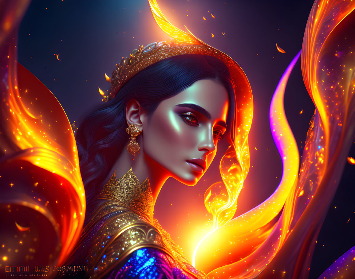 Digital Artwork: Glowing Woman with Orange Elements and Gold Jewelry