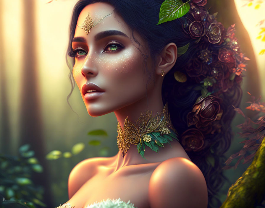 Earth-toned makeup and nature-inspired adornments in a serene digital art portrait