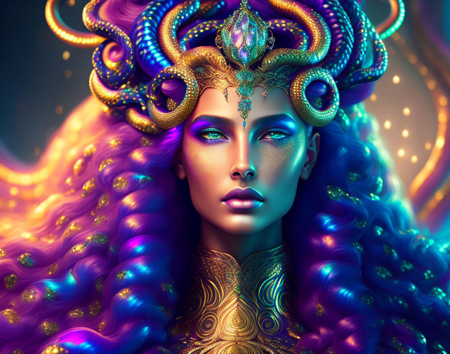 Colorful artwork of woman with golden headdress and purple hair