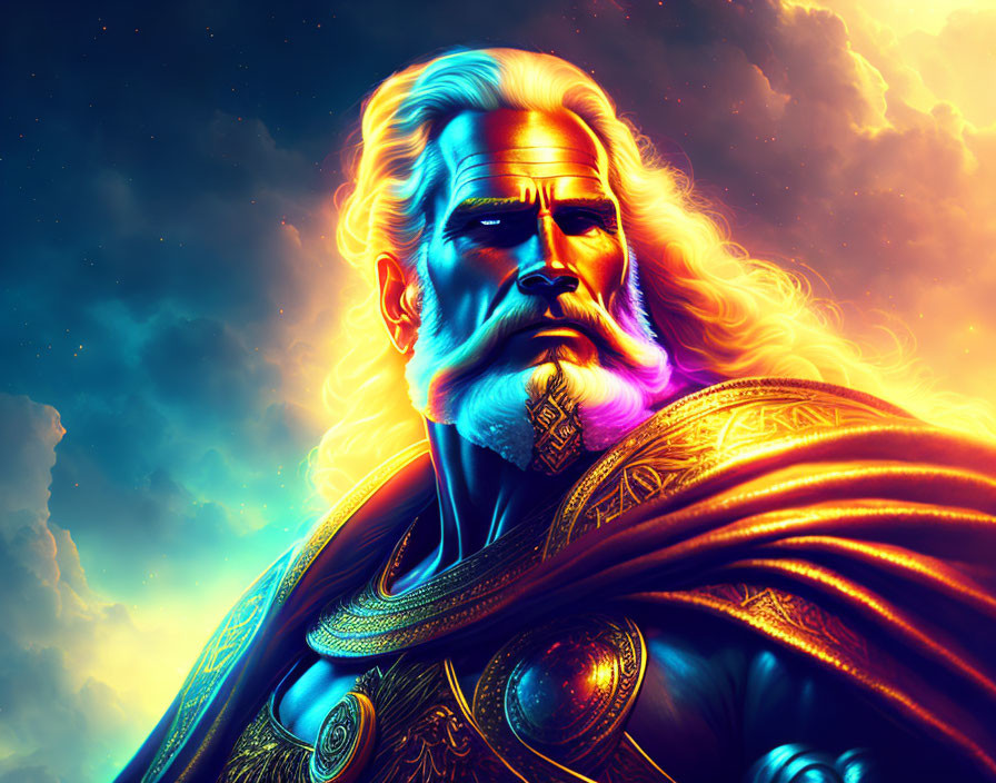 Elder Figure in Golden Armor with White Hair and Nebulous Sky
