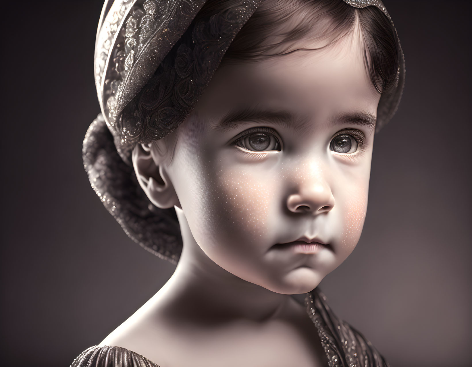 Portrait of young child in vintage clothing with headwrap and thoughtful expression