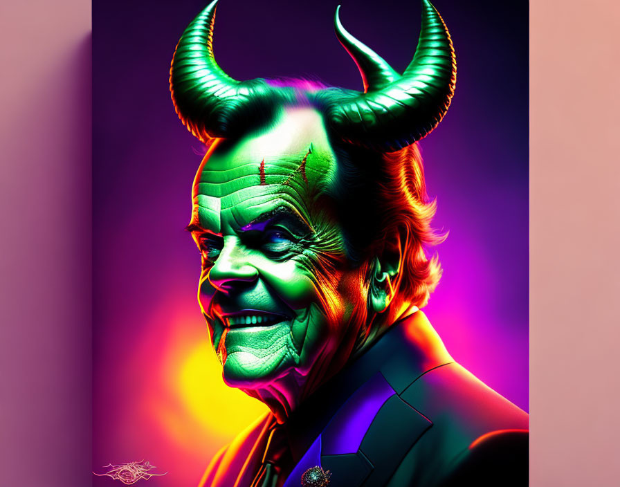 Vibrant portrait of a person with green skin and horns on purple-pink background