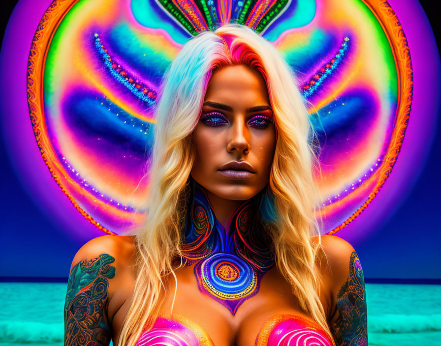 Colorful-haired woman with body art on neon mandala backdrop