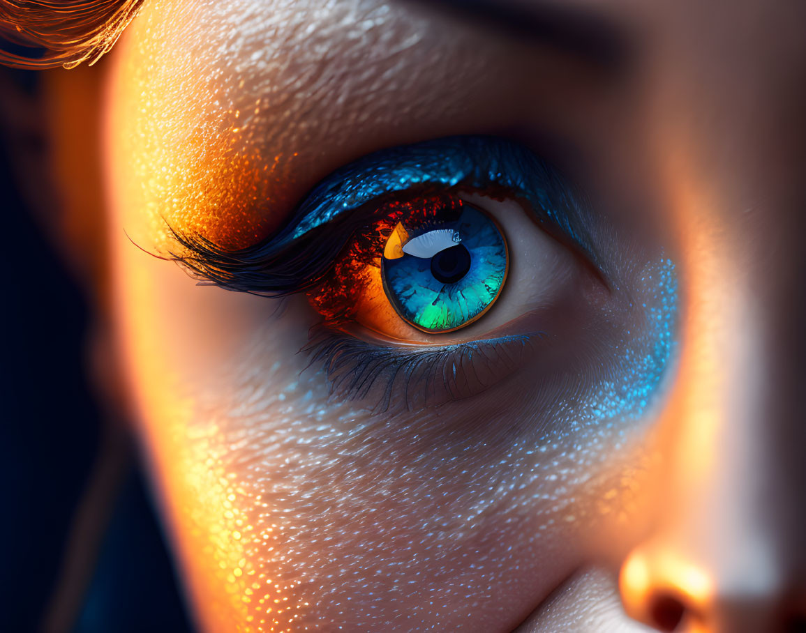 Detailed Close-Up of Human Eye with Vibrant Blue and Orange Hues