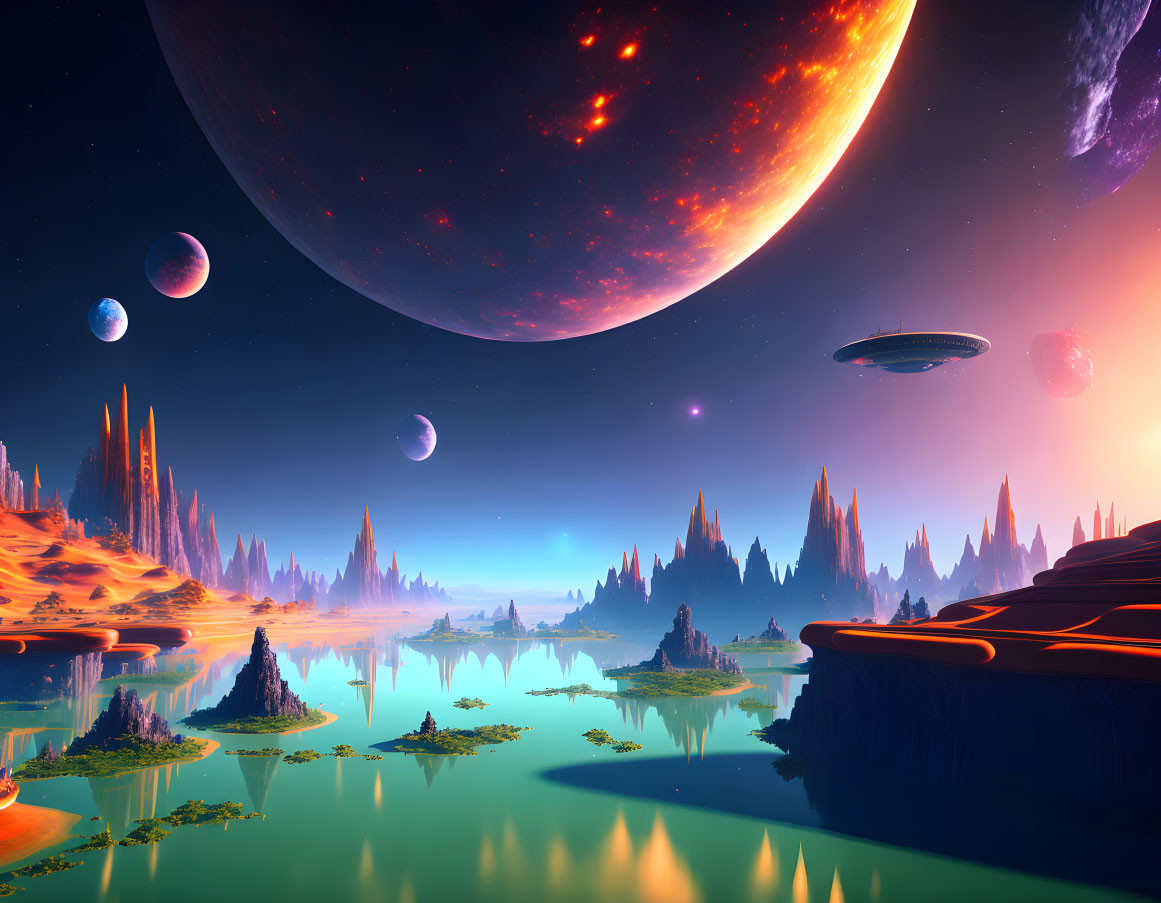 Colorful Alien Landscape with Skies, Moons, Planets, UFO, and Reflective Fl