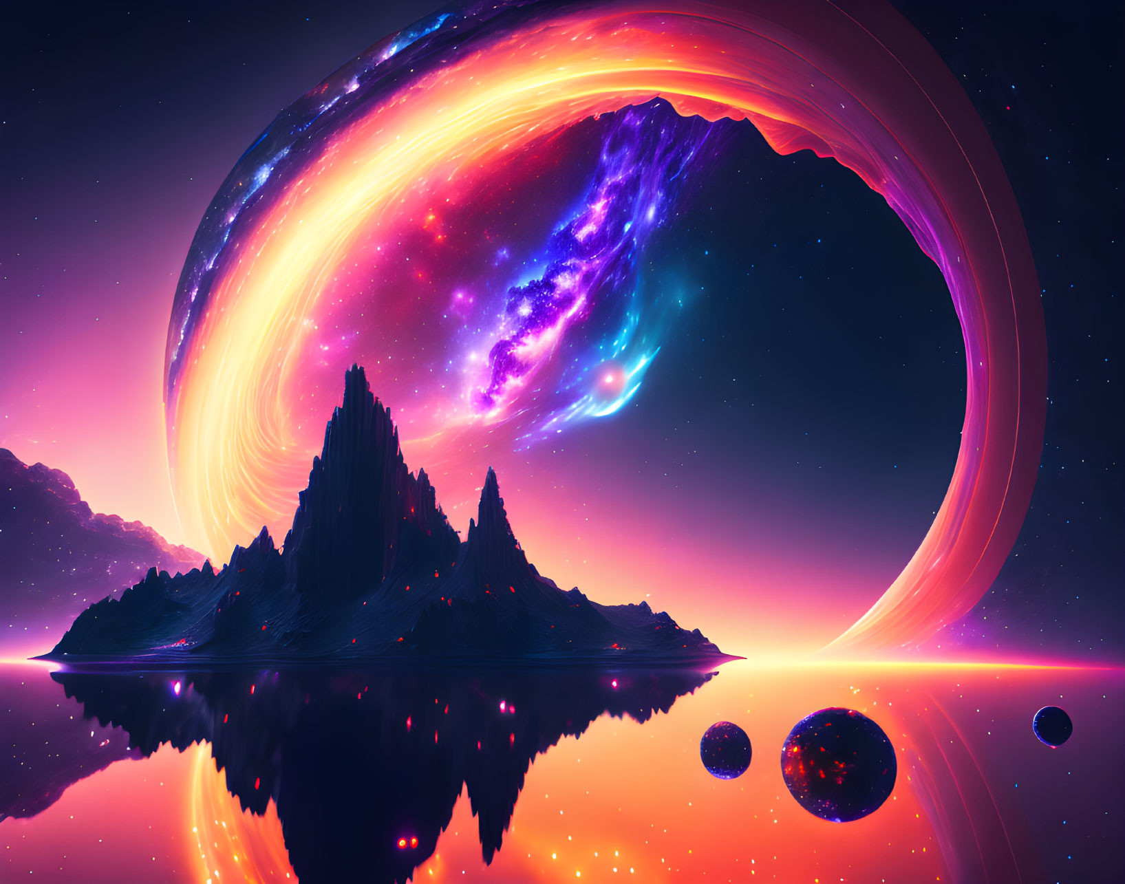 Surreal digital artwork: floating islands, celestial body, galaxy, purple water