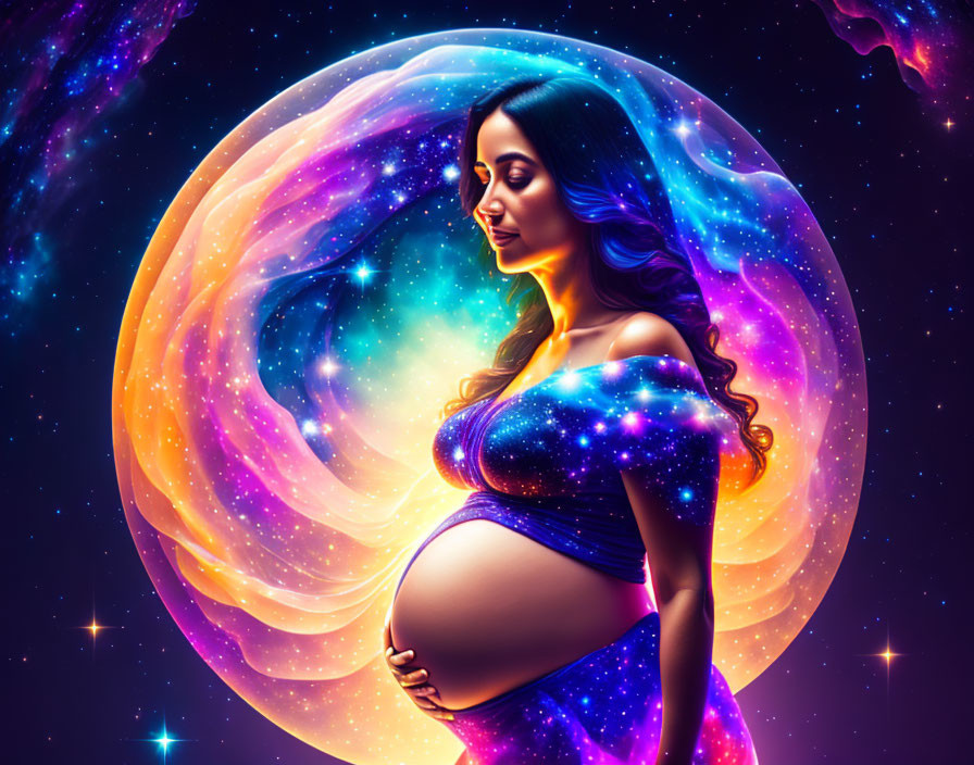 Pregnant woman blended with cosmic background, galaxy pattern, celestial orbs and stars