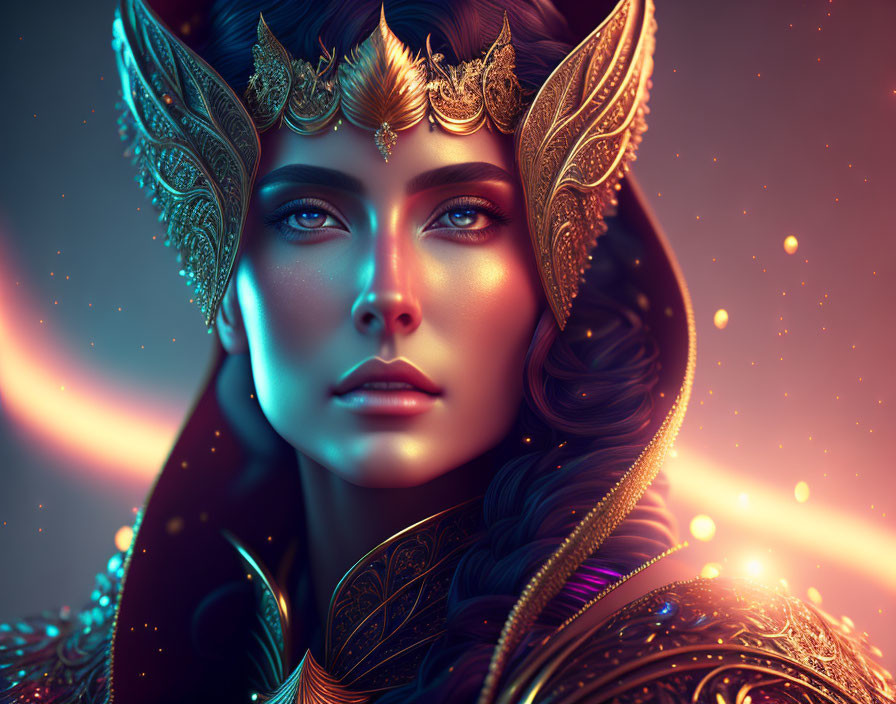 Detailed digital artwork of woman in gold headgear and fantasy armor