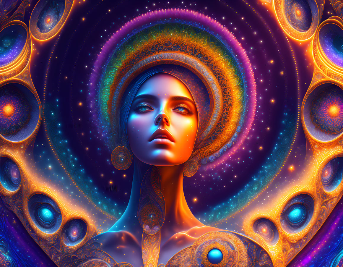 Colorful digital artwork of woman with cosmic and peacock feather motifs