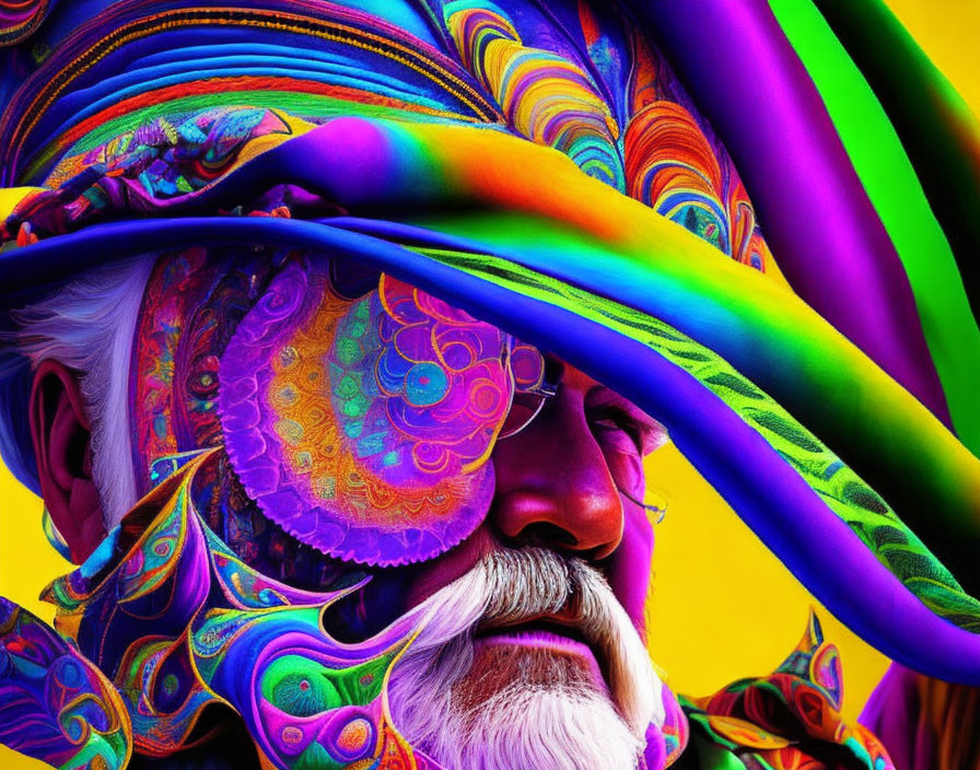 Elder Man with White Beard and Psychedelic Face Art on Yellow Background