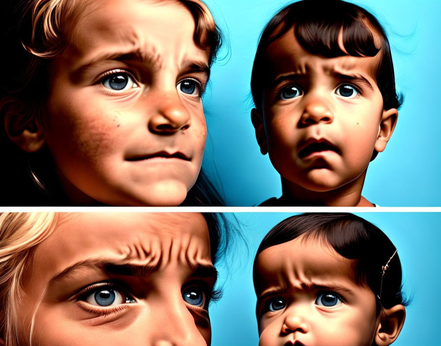 Two children with concerned expressions on turquoise background.