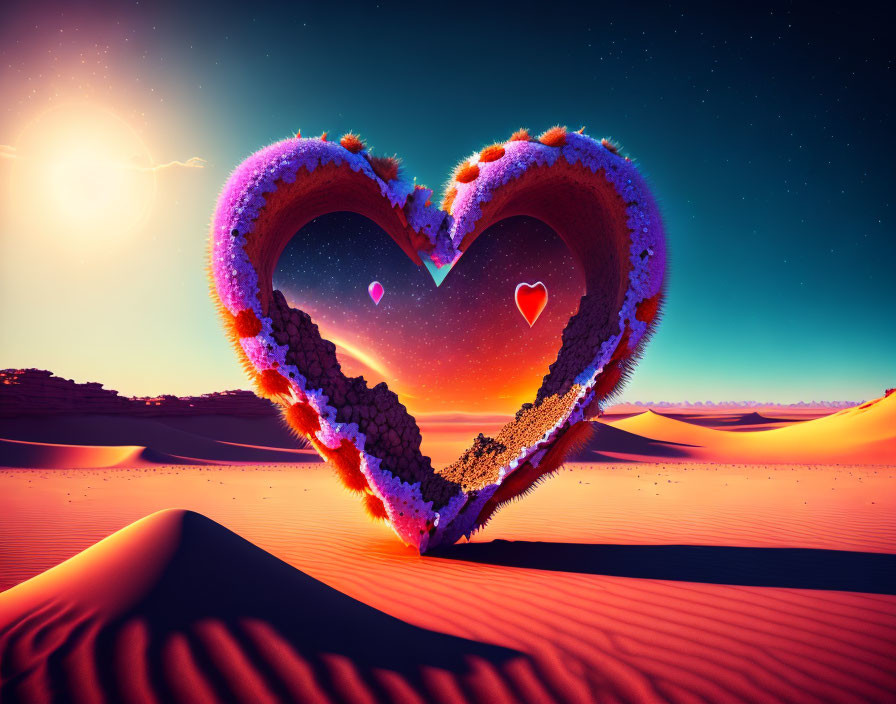 Heart-shaped portal with flowers in surreal desert landscape