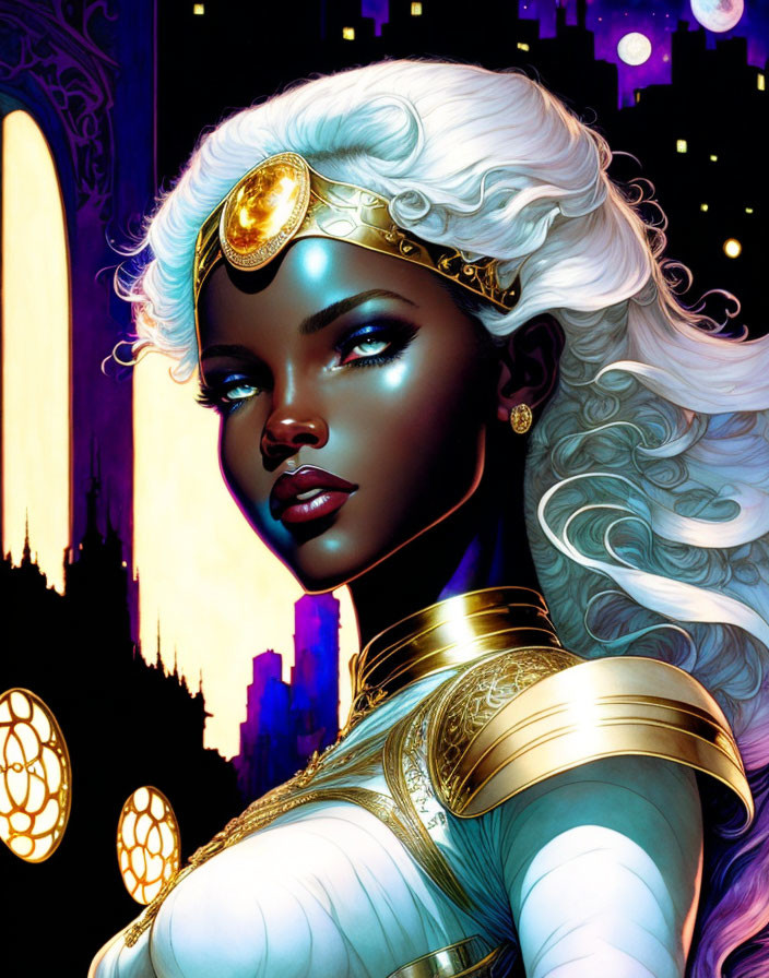 White-Haired Female Character in Golden Armor and Tiara Against Futuristic Cityscape