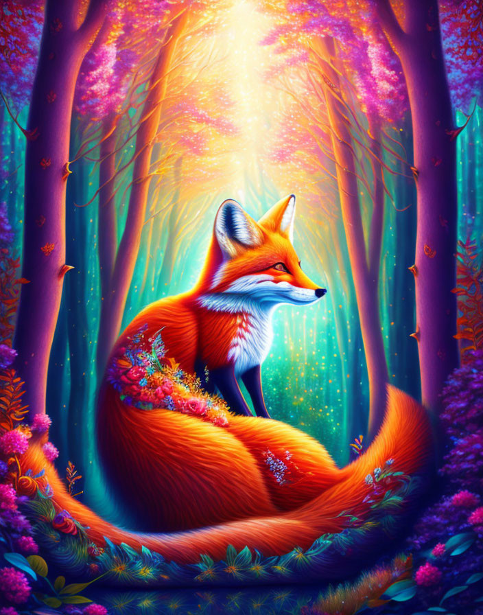 Colorful Illustration of Whimsical Fox in Enchanted Forest