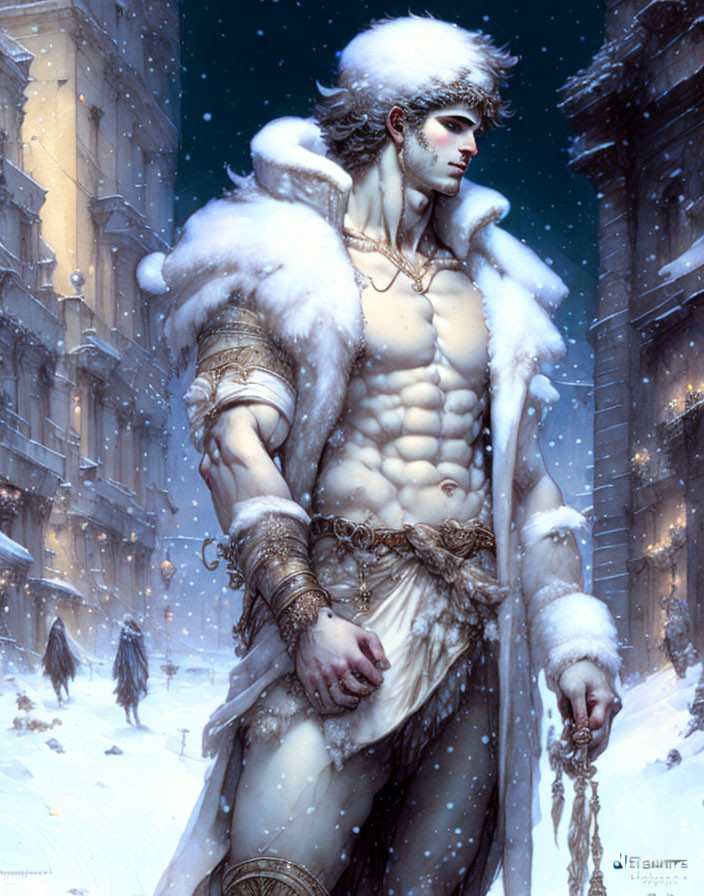 Regal man in snowy urban setting with fur and golden jewelry