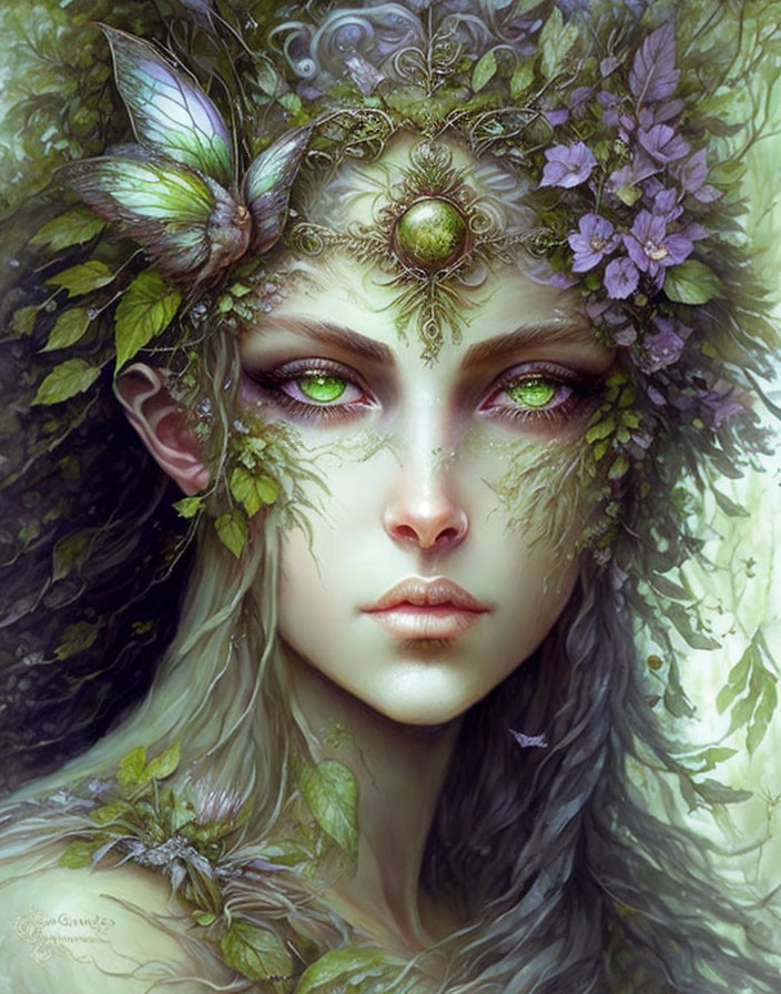 Fantasy portrait of female with green eyes and nature-inspired adornments