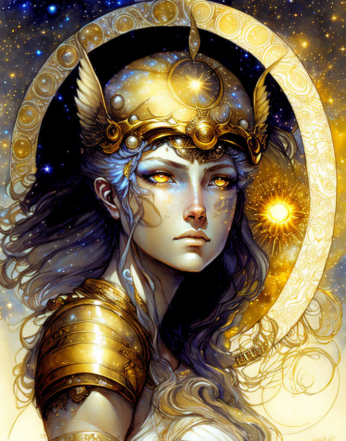 Illustrated female with celestial motifs and golden armor in intricate detail.