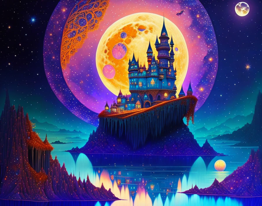 Fantastical castle on cliff under starry night sky with yellow moon, purple and blue landscapes.