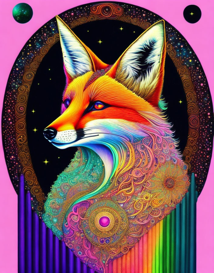 Colorful Fox Illustration with Ornate Celestial Frame on Pink Background