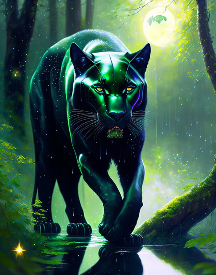 Neon-blue panther with starry body in mystical forest under green moon