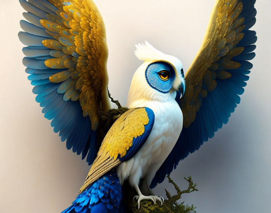 Colorful Owl Illustration with Spread Wings and Gold & Blue Accents