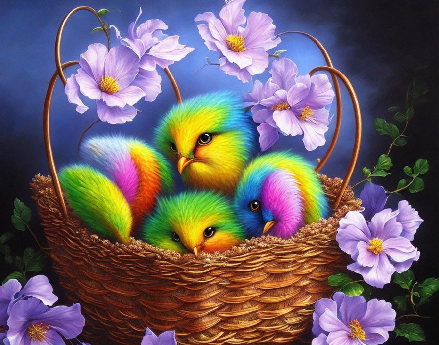 Vibrant fluffy chicks in woven basket with purple flowers on dark blue backdrop