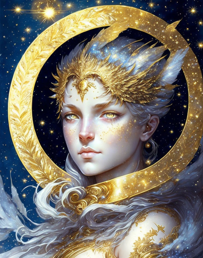 Mythical figure portrait with golden celestial crown in starry night-sky.