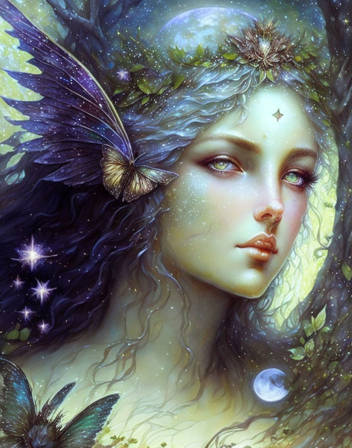 Mystical portrait of woman with greenery, stars, butterfly, and moon