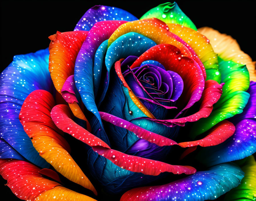 Multicolored rose with water droplets on black background