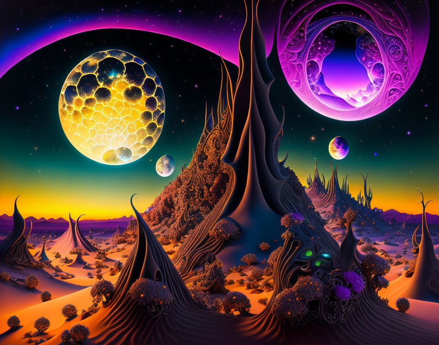 Fantastical Twilight Landscape with Surreal Trees and Oversized Moons